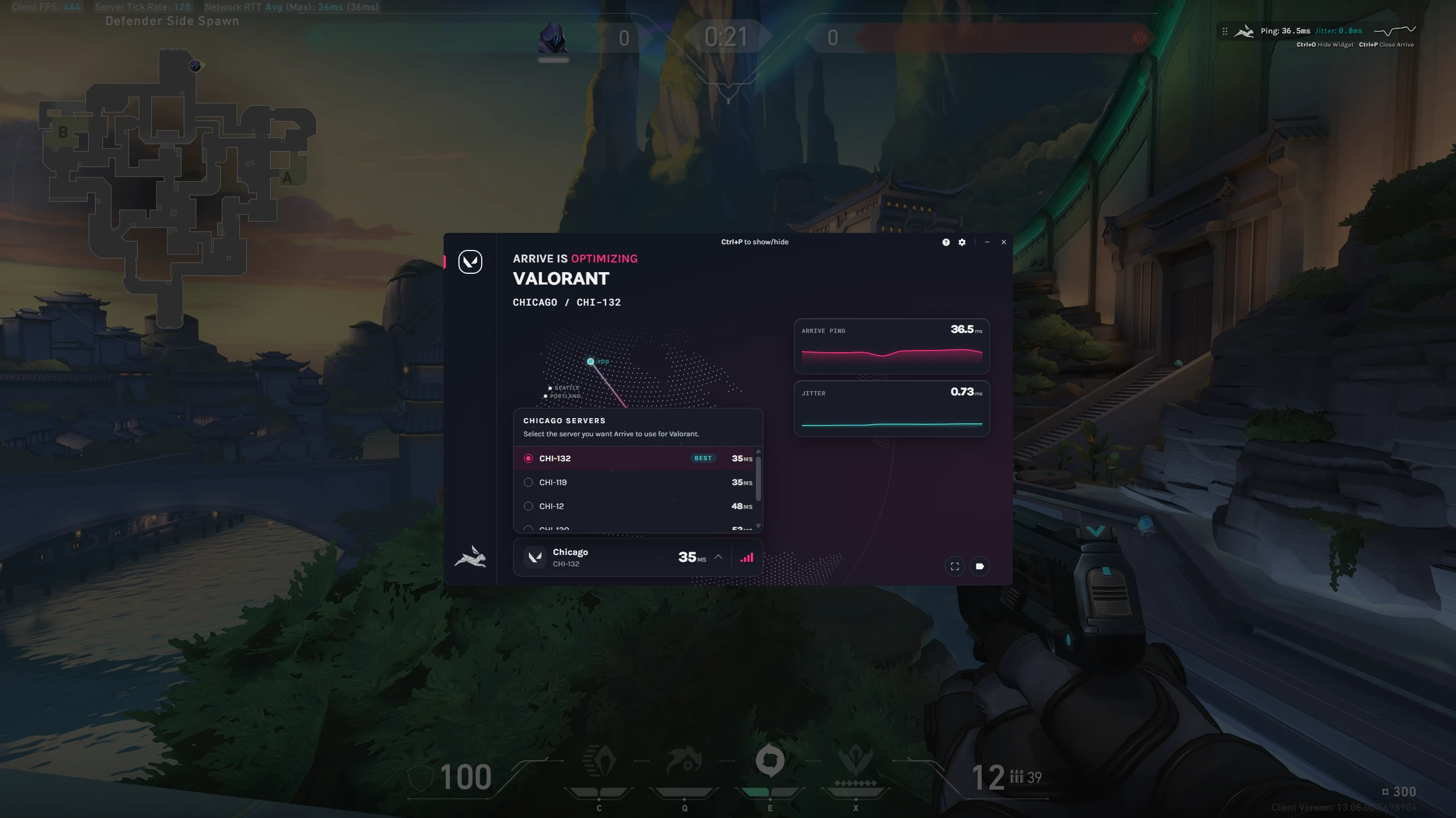 Arrive's in-game window over a Valorant match, optimizing on the Chicago server CHI-132 at 35 ms, with the Arrive widget showing live ping and jitter in the corner