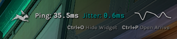 The Arrive widget over Valorant: 35.5 ms ping and 0.6 ms jitter with a small graph, and its shortcuts, Ctrl+O to hide the widget and Ctrl+P to open Arrive