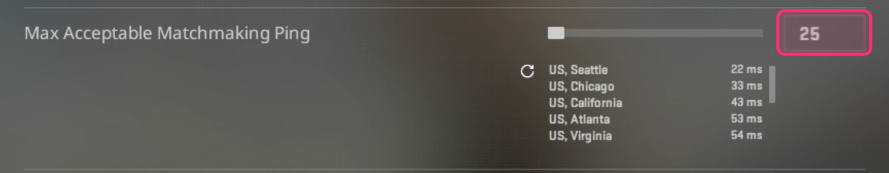 CS2's Max Acceptable Matchmaking Ping set to 25, with the ping to each nearby US datacenter listed below