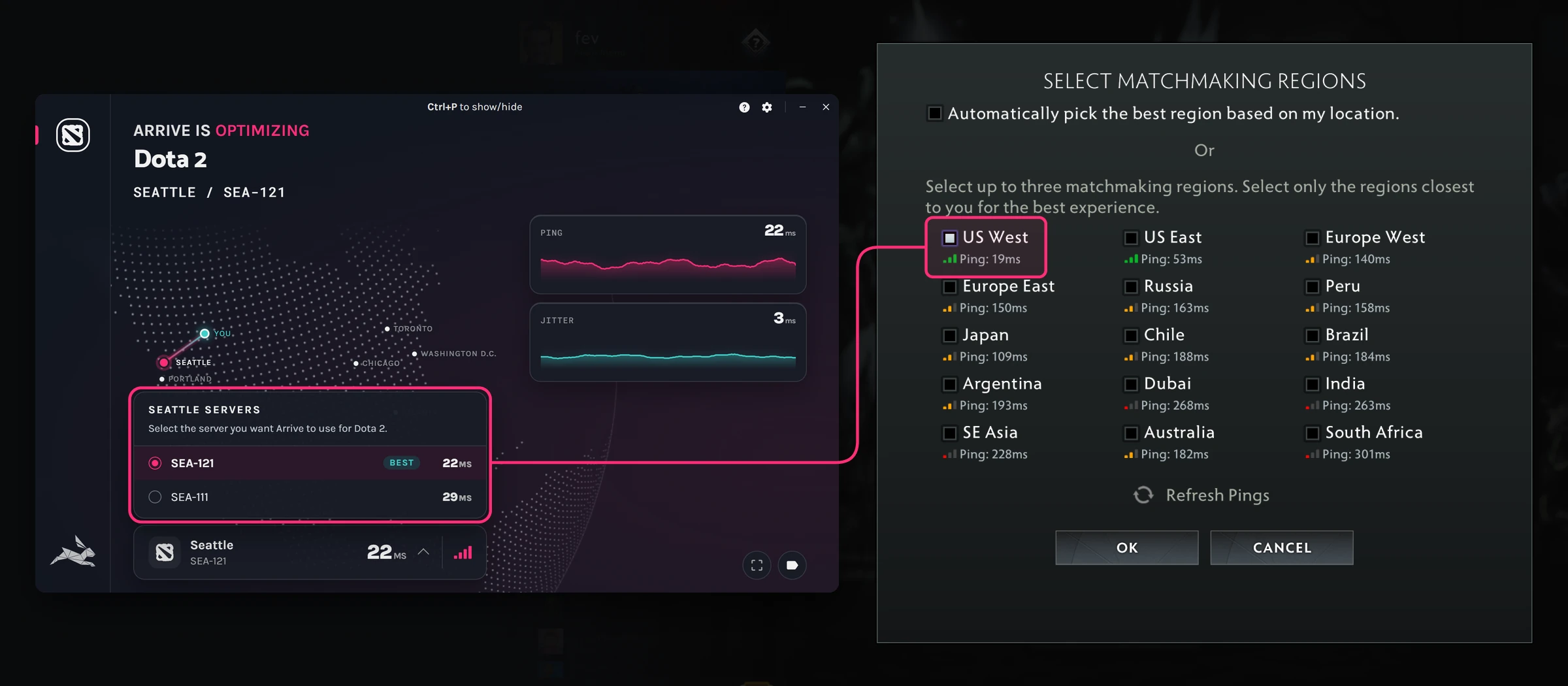 Arrive's server select with a Seattle server chosen for Dota 2, next to Dota 2's Select Matchmaking Regions with only US West ticked