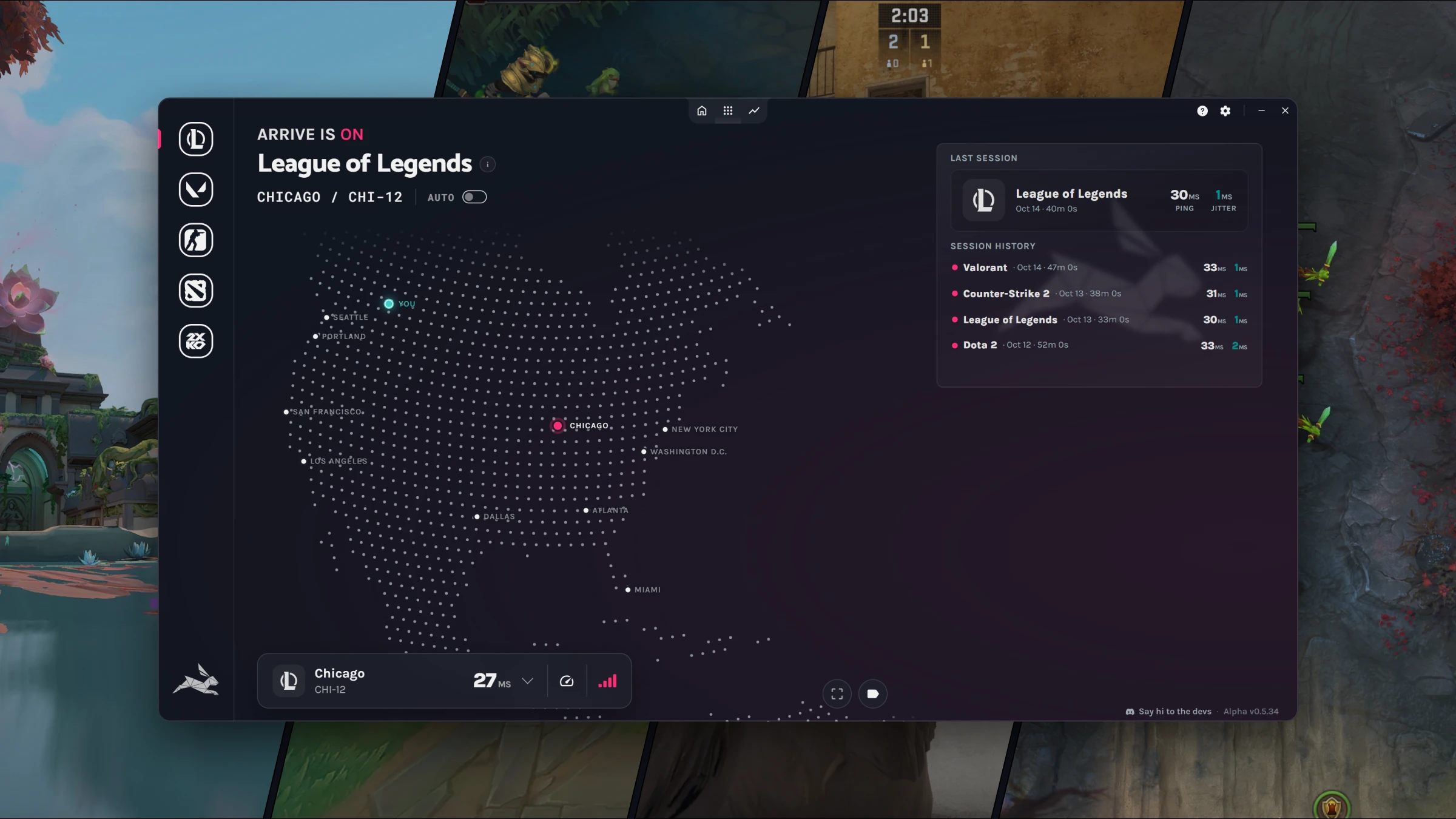 The Arrive desktop app optimizing League of Legends on a Chicago server, with a US server map and session history, over a game