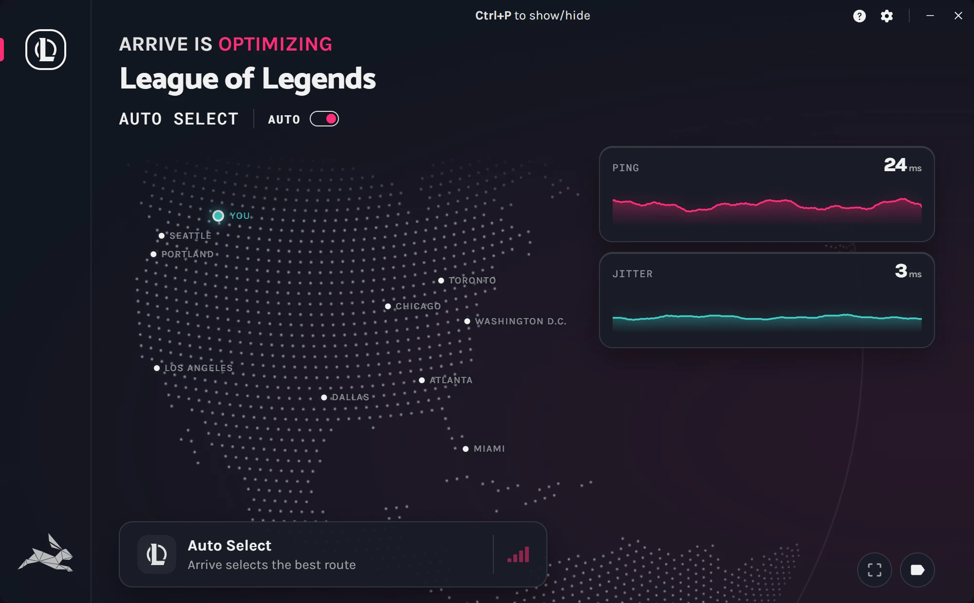 Arrive optimizing League of Legends with Auto on: Arrive picks the best route, and shows live ping and jitter
