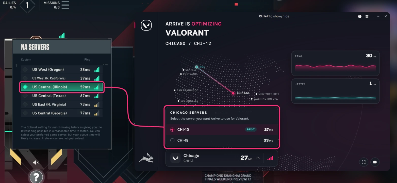 Valorant's server list with US Central (Illinois) selected, next to Arrive's in-game window with the matching Chicago server